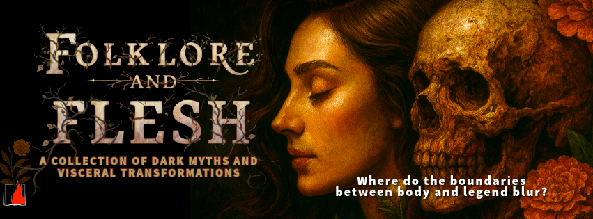 Book cover for 'Folklore and Flesh,' featuring a woman's side profile next to a skull, with the subtitle promoting dark myths and visceral transformations.