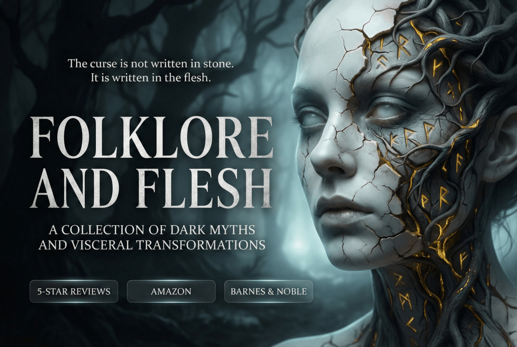A mystical portrait of a woman with intricate markings on her skin, set in a dark, ethereal forest. The text reads 'Folklore and Flesh: A collection of dark myths and visceral transformations'.