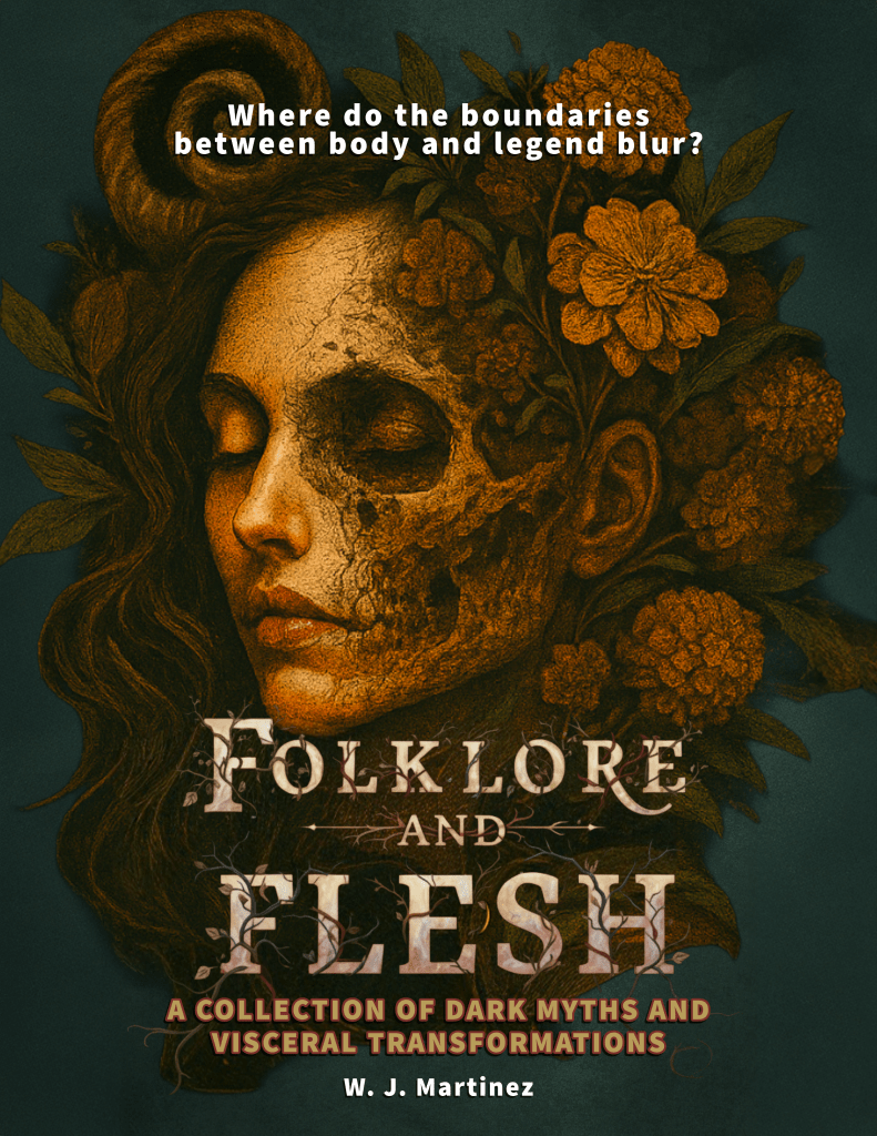 Book cover of 'Folklore and Flesh' featuring an illustration of a woman's face intertwined with plants and flowers, evoking themes of body and legend.