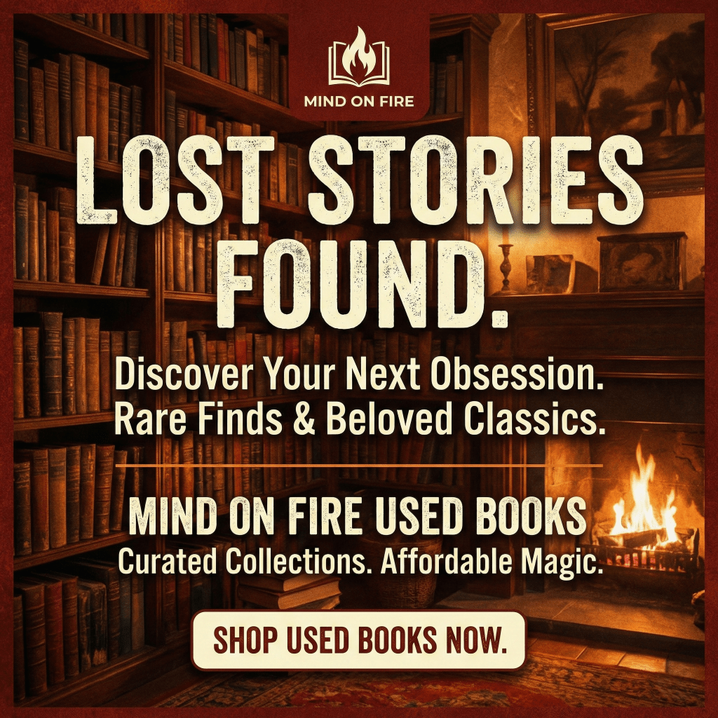 Promotional graphic for Mind on Fire Used Books featuring stacked bookshelves and a cozy fireplace, highlighting the theme 'Lost Stories Found' and inviting readers to discover rare finds and beloved classics.
